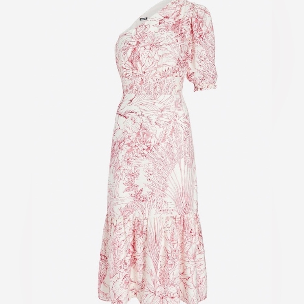 Express Pink Rayon Floral Dress Puff Sleeve Asymmetric One Shoulder Dress XS - Picture 2 of 9